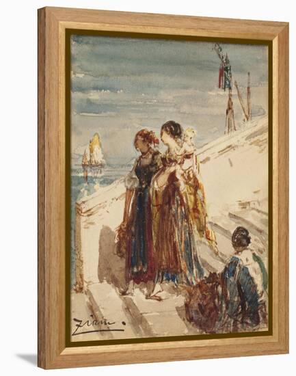 Jeunes femmes sur le Port de la Paille à Venise-Félix Ziem-Framed Premier Image Canvas