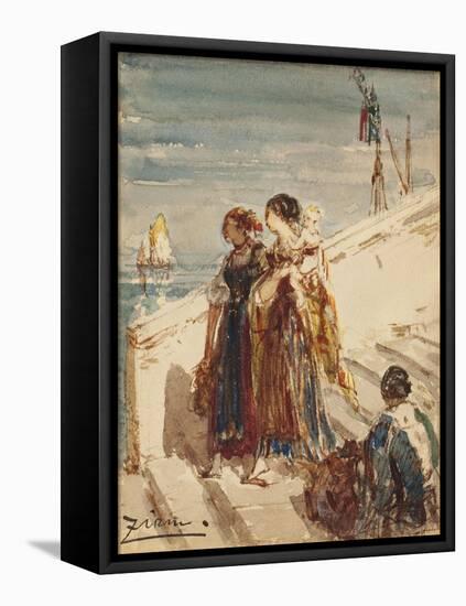 Jeunes femmes sur le Port de la Paille à Venise-Félix Ziem-Framed Premier Image Canvas