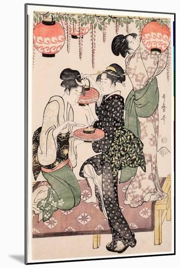 Jeunes Filles D'une Maison De the Japonaise Accrochant Des Lampions a Un Espalier De Glycines - Est-Kitagawa Utamaro-Mounted Giclee Print