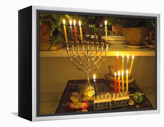 Jewish Festival of Hanukkah, Three Hanukiah with Four Candles Each, Jerusalem, Israel, Middle East-Eitan Simanor-Framed Premier Image Canvas