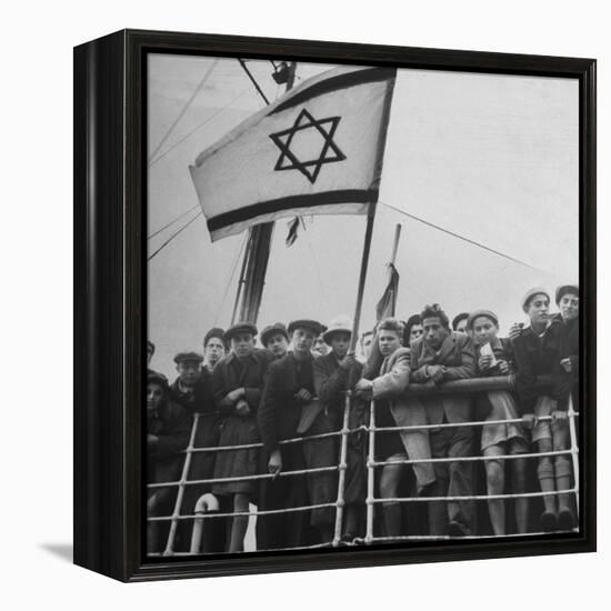 Jewish Immigrants, Arriving in Haifa Aboard Refugee Ship, Waving Future Flag of the State of Israel-Dmitri Kessel-Framed Premier Image Canvas