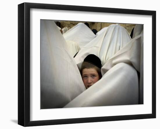 Jewish Men Participate in a Blessing During the Jewish Holiday of Passover at the Western Wall-null-Framed Photographic Print