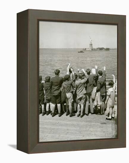 Jewish Refugee Children Waving at the Statue of Liberty from Ocean Liner, 1939-null-Framed Stretched Canvas