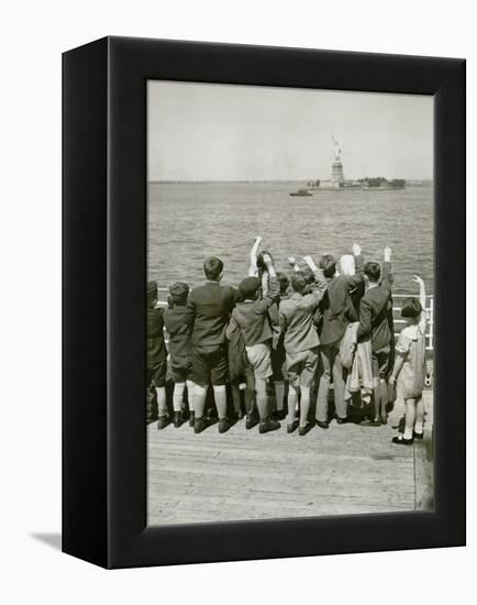 Jewish Refugee Children Waving at the Statue of Liberty from Ocean Liner, 1939-null-Framed Stretched Canvas