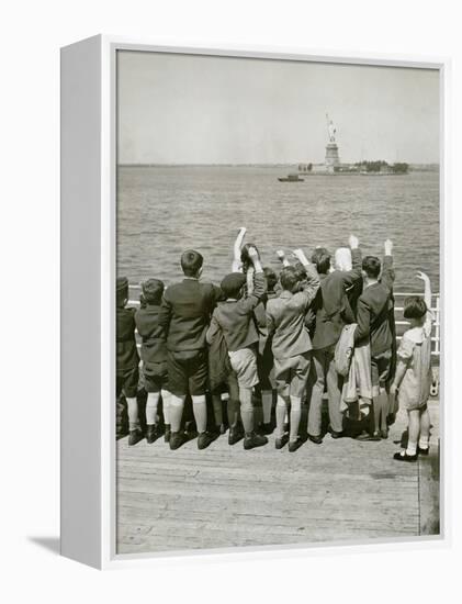 Jewish Refugee Children Waving at the Statue of Liberty from Ocean Liner, 1939-null-Framed Stretched Canvas