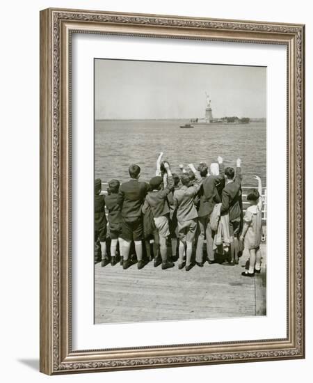 Jewish Refugee Children Waving at the Statue of Liberty from Ocean Liner, 1939-null-Framed Photo