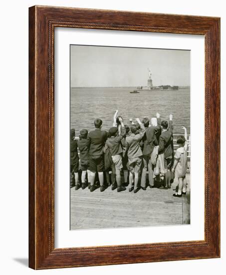 Jewish Refugee Children Waving at the Statue of Liberty from Ocean Liner, 1939-null-Framed Photo