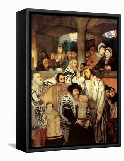 Jews Praying in the Synagogue on Yom Kippur-Maurycy Gottlieb-Framed Premier Image Canvas