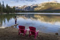 Tourist and Red Chairs by Lake Edith, Jasper National Park, UNESCO World Heritage Site, Canadian Ro-JIA JIAHE-Photographic Print