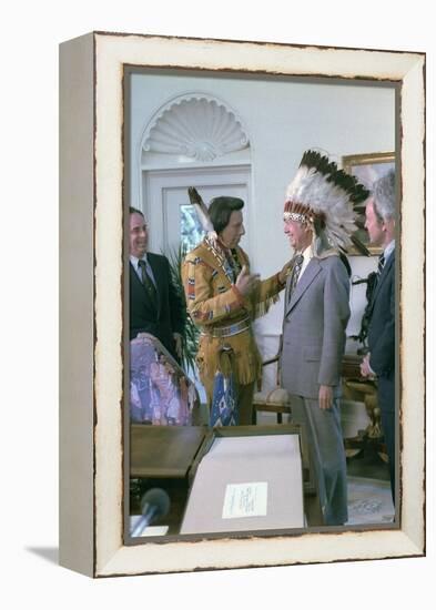 Jimmy Carter Wearing a Feathered Headdress with 'Iron Eyes' Cody , April 21, 1978-null-Framed Stretched Canvas