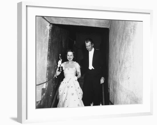 Jimmy Stewart Escorting Olivia deHavilland After Winning Oscar for Best Actress in "The Heiress"-Ed Clark-Framed Premium Photographic Print