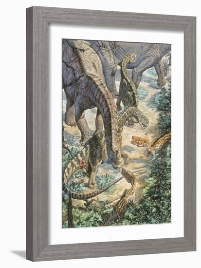 Jobaria Sauropods and Afroventor Raptors of the Mid-Cretaceous Period-null-Framed Premium Giclee Print