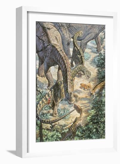 Jobaria Sauropods and Afroventor Raptors of the Mid-Cretaceous Period-null-Framed Premium Giclee Print