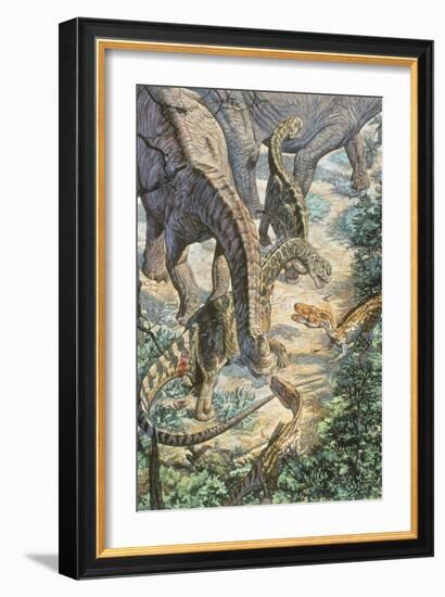 Jobaria Sauropods and Afroventor Raptors of the Mid-Cretaceous Period-null-Framed Premium Giclee Print