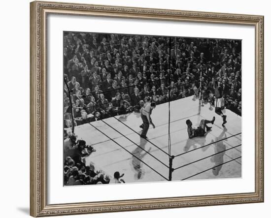 Joe Lewis on the Canvas After Being Knocked Down by Contender Jersey Joe Walcott-Gjon Mili-Framed Premium Photographic Print