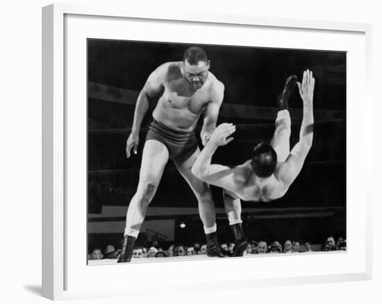 Joe Louis Throws Jim Bernard to the Mat During a 1956 Wrestling Match in Detroit--Framed Photo