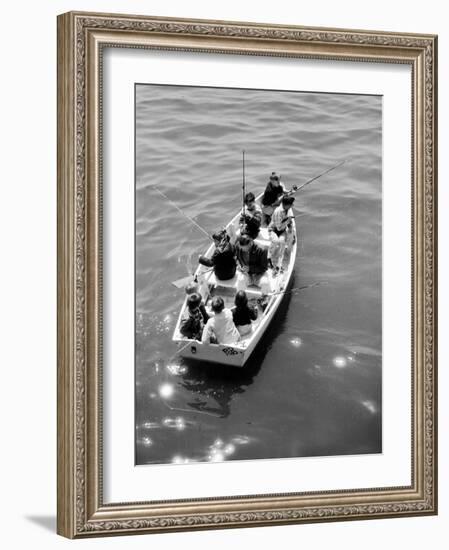 Joe Powers with Eight of His Ten Children Fishing in a Rowboat on Long Island Sound-Yale Joel-Framed Photographic Print