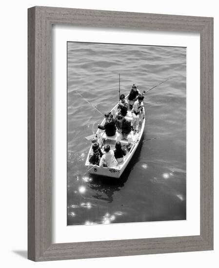 Joe Powers with Eight of His Ten Children Fishing in a Rowboat on Long Island Sound-Yale Joel-Framed Photographic Print