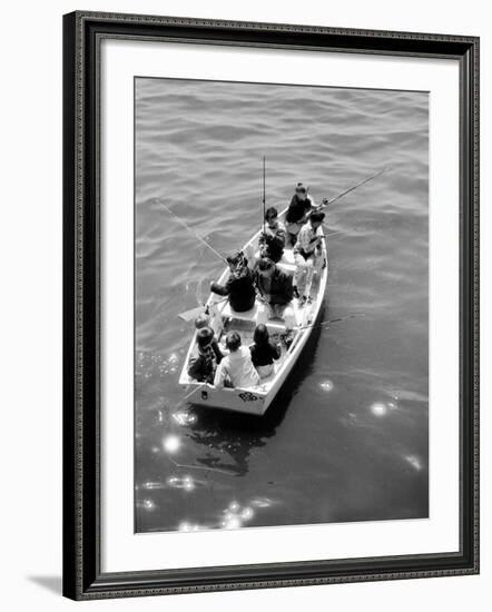 Joe Powers with Eight of His Ten Children Fishing in a Rowboat on Long Island Sound-Yale Joel-Framed Photographic Print