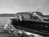 Blondie, the Pet Lion, Fascinated by the Water as She Takes Her First Ride in Chris Craft Motorboat-Joe Scherschel-Framed Photographic Print