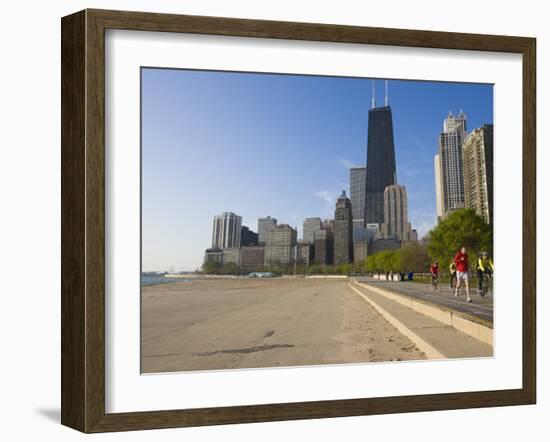 Joggers and Cyclists on Lake Michigan Shore, Oak Street Beach, Chicago, Illinois, USA-Amanda Hall-Framed Photographic Print