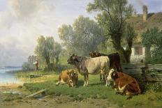 Cattle in a Farmyard Along a River with a Fisherman Beyond, 1881-Johann Friedrich Voltz-Premier Image Canvas