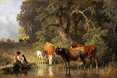 Cattle in a Farmyard Along a River with a Fisherman Beyond, 1881-Johann Friedrich Voltz-Giclee Print