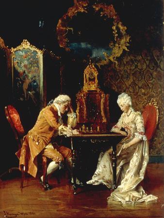 Oil painting of a grand chess match outside a school