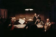 La Salle De Lecture  Des Hommes Autour D'une Table Mal Eclairee Lisent La Presse - Peinture De Joh-Johann Peter Hasenclever-Giclee Print