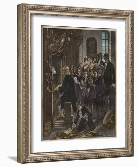 Johann Sebastian Bach playing the organ at the St Thomas School, Leipzig-French School-Framed Giclee Print