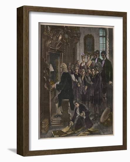 Johann Sebastian Bach playing the organ at the St Thomas School, Leipzig-French School-Framed Giclee Print