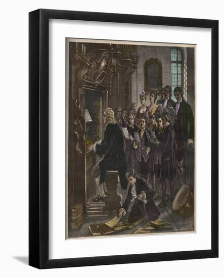 Johann Sebastian Bach playing the organ at the St Thomas School, Leipzig-French School-Framed Giclee Print