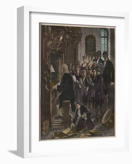 Johann Sebastian Bach playing the organ at the St Thomas School, Leipzig-French School-Framed Giclee Print