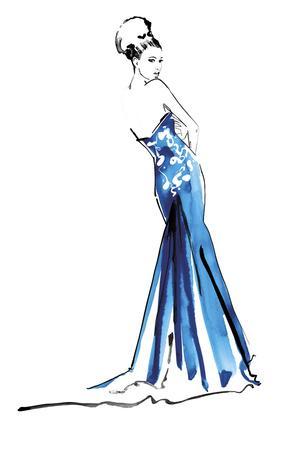 Watercolor fashion illustration, Beautiful young girl in a long dress.  Wedding dress Stock Illustration by ©kamenuka #57172387