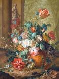 Tulips, Roses and Other Flowers in a Classical Urn Overturned by a Cat Chasing a Mouse-Johannes Christianus Roedig-Framed Premier Image Canvas