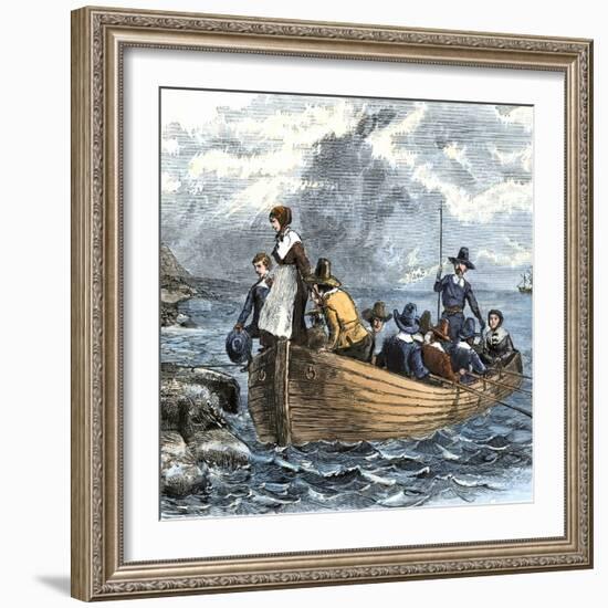 John Alden and Mary Chilton Landing at Plymouth from the Mayflower, December 1620-null-Framed Giclee Print