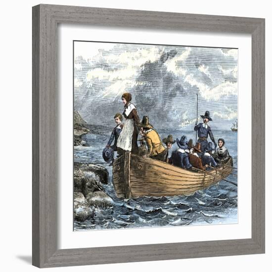 John Alden and Mary Chilton Landing at Plymouth from the Mayflower, December 1620-null-Framed Giclee Print