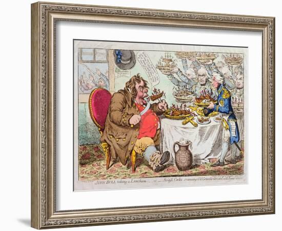 John Bull Taking a Luncheon, or British Cooks, Cramming Old Grumble-Gizzard with Bonne-Chere,…-James Gillray-Framed Giclee Print