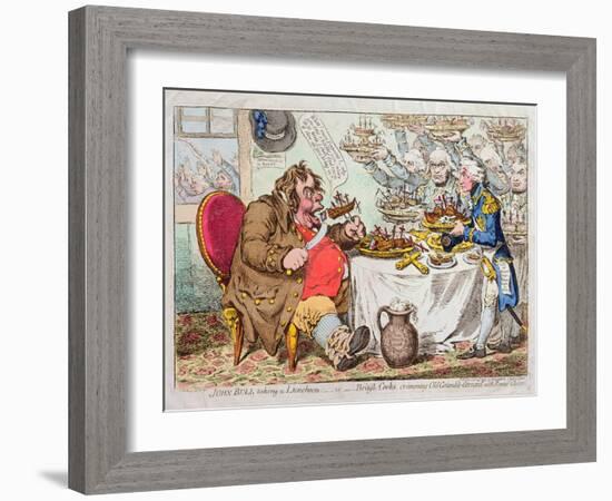 John Bull Taking a Luncheon, or British Cooks, Cramming Old Grumble-Gizzard with Bonne-Chere,…-James Gillray-Framed Giclee Print