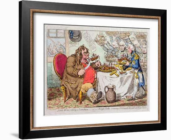 John Bull Taking a Luncheon, or British Cooks, Cramming Old Grumble-Gizzard with Bonne-Chere,…-James Gillray-Framed Giclee Print