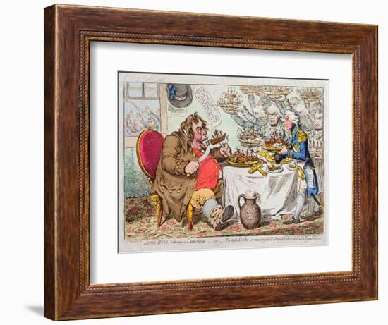 John Bull Taking a Luncheon, or British Cooks, Cramming Old Grumble-Gizzard with Bonne-Chere,…-James Gillray-Framed Giclee Print