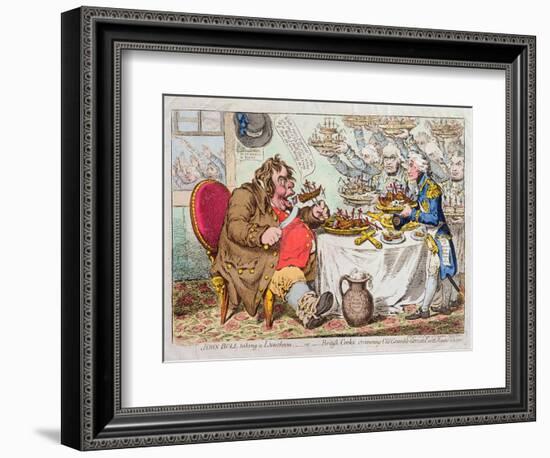 John Bull Taking a Luncheon, or British Cooks, Cramming Old Grumble-Gizzard with Bonne-Chere,…-James Gillray-Framed Giclee Print