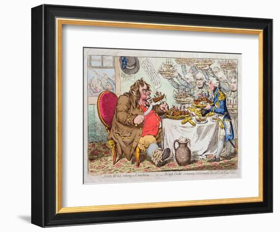 John Bull Taking a Luncheon, or British Cooks, Cramming Old Grumble-Gizzard with Bonne-Chere,…-James Gillray-Framed Giclee Print