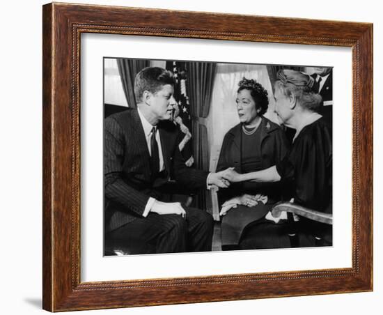 John F. Kennedy, Evelyn Seide, Helen Keller, at the White House, Washington D.C., April 8, 1961-null-Framed Photo