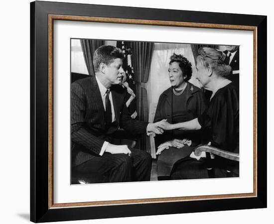 John F. Kennedy, Evelyn Seide, Helen Keller, at the White House, Washington D.C., April 8, 1961-null-Framed Photo