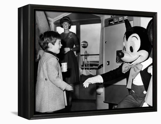 John F Kennedy Jr Shake Hands with Mickey Mouse During Visit to New York World's Fair, Apr 24, 1965-null-Framed Stretched Canvas