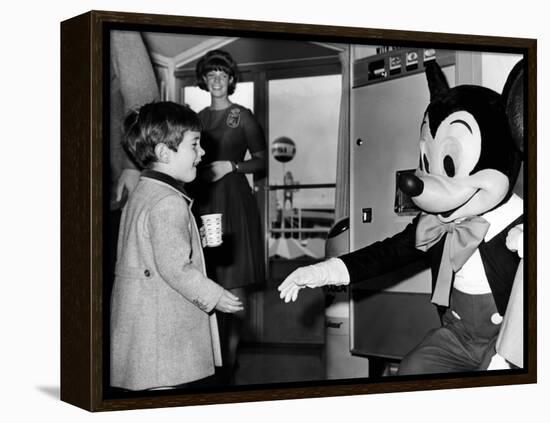 John F Kennedy Jr Shake Hands with Mickey Mouse During Visit to New York World's Fair, Apr 24, 1965-null-Framed Stretched Canvas