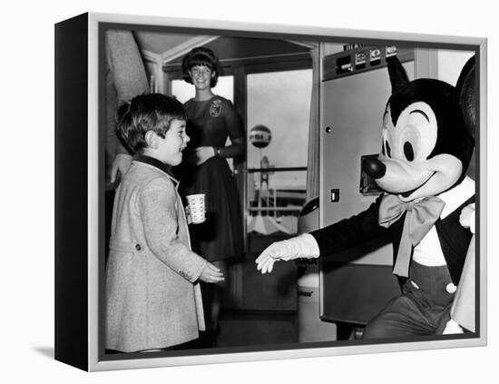 John F Kennedy Jr Shake Hands with Mickey Mouse During Visit to New York World's Fair, Apr 24, 1965-null-Framed Stretched Canvas