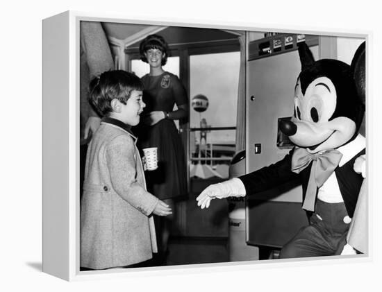 John F Kennedy Jr Shake Hands with Mickey Mouse During Visit to New York World's Fair, Apr 24, 1965-null-Framed Stretched Canvas