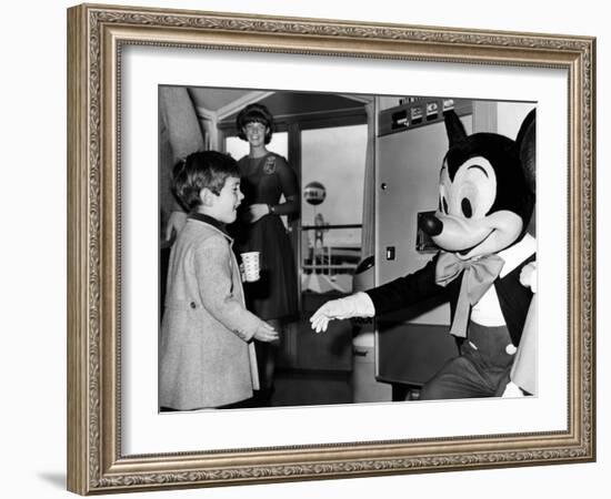 John F Kennedy Jr Shake Hands with Mickey Mouse During Visit to New York World's Fair, Apr 24, 1965-null-Framed Photo